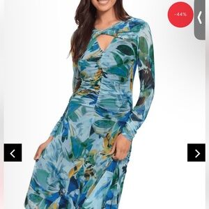 London Times Women's Twist Keyhole Neck Shirred Mesh  Midi Dress